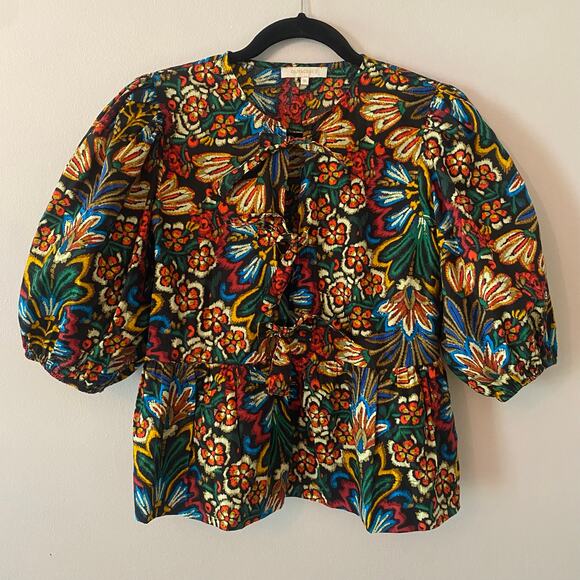 Olivaceous Tops - Olivaceous Women size Medium Colorful Floral Cotton Front Tie Blouse Puff Sleeve